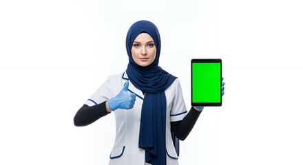 Muslim Female Doctor Showing Thumbs Up with Green Screen Tablet