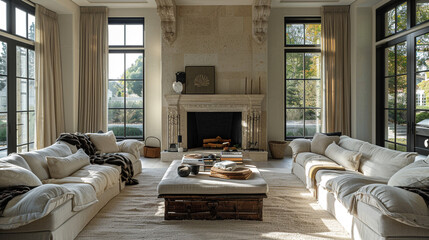 Textured transitional space with limestone fireplace, soft linen upholstery, and tasteful vintage elements.