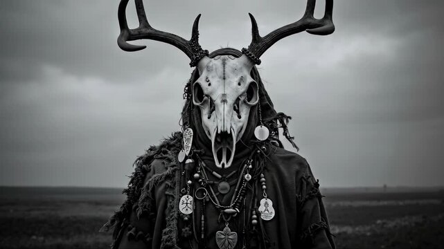 Person wearing deer skull mask and shamanic attire in field. Pagan ritual, wicca and dark fantasy concept. Black and white. For halloween, folk horror or music festival banner. Horizontal banner
