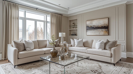 Transitional living room with soft taupe walls, crown molding, neutral-toned furniture, and a modern glass coffee table.