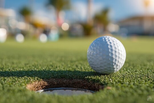 A close-up view of a golf ball resting on the edge of a hole on a green golf course under clear skies.