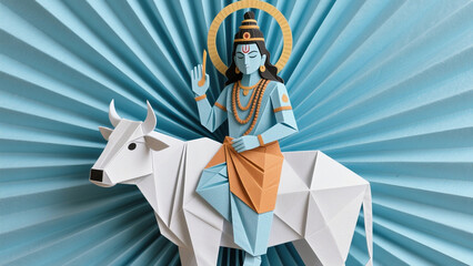 Colorful Paper Art Representation of a Deity Riding a Cow on a Blue Sunburst Background