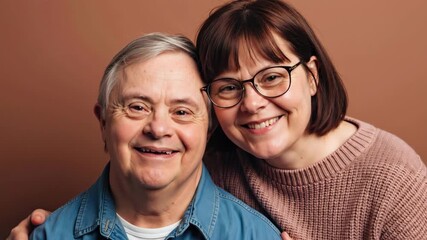 Happy senior man with down syndrome and his daughter or caregiver embracing. Family, love and support concept. Special needs and care for adults with disabilities. World down syndrome day banner