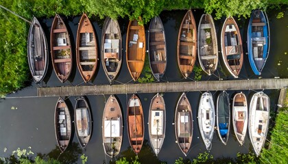 Aerial view of many small boats moored in a canal