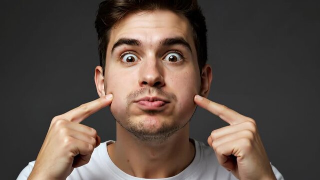 Young man puffing his cheeks and pointing at them, making funny face. Humor, emotion and expression concept. For comedy show, meme or skincare for problem skin banner. Close-up portrait