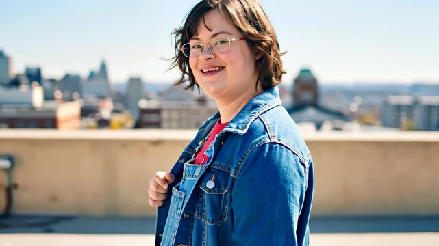 Portrait of smiling teenage girl with down syndrome wearing denim overalls outdoors. Happy and confident youth with special needs. World down syndrome day. For social inclusion banner