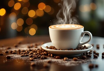 Steaming latte art in a white mug rests on a saucer, surrounded by coffee beans and a dusting of sugar on a dark wood table, with a bokeh background of warm lights