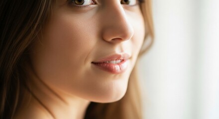Fototapeta premium Close-up of a woman's face, smiling, natural light.