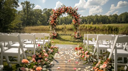 Floral archway wedding setup by a pond; white chairs lead the way. Beautiful day with trees in the backdrop