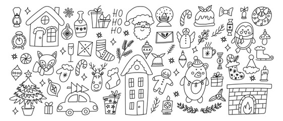 Black and white Christmas icons on a white background