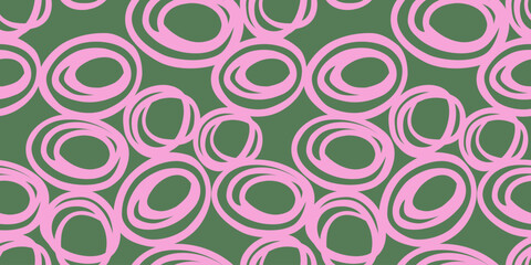 Seamless abstract pattern featuring hand drawn pink circular shapes on a coral, green background. Plain ornament print for modern textiles, gift wrapping, wallpapers, branding, and stationery design.