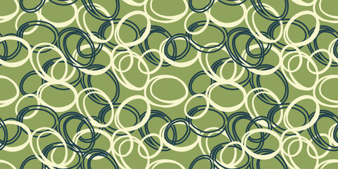 Seamless abstract pattern of overlapping hand drawn circles on a green background. Plain vector ornament for modern fabrics, home decor, wallpapers, and graphic design projects.