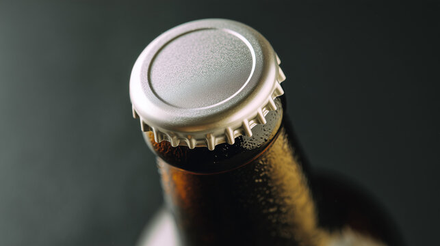 Top view close up of brown glass beer bottle with condensation and blank metal cap on dark background, isolated, mockup for beverage packaging