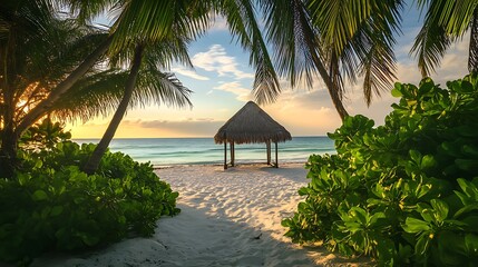 Early morning sun over tropical beach with palapas and palm trees framing view