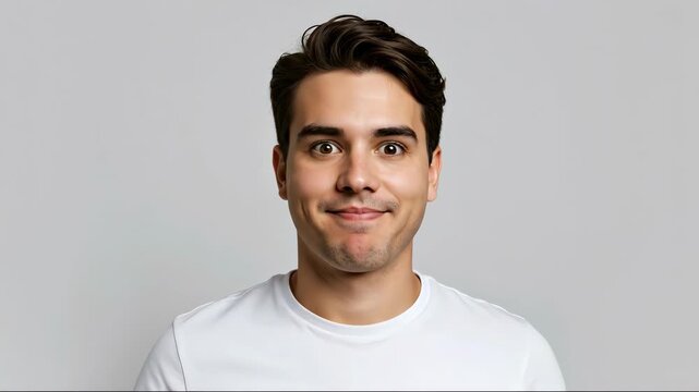 Young man with wide eyes puffing his cheeks and pointing at them with his fingers. Funny face, humor and expression concept. For comedy, meme or skincare for problem skin banner. Portrait
