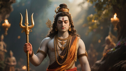 Majestic Figure Holding Trident in Divine Attire Amidst Ethereal Forest Light
