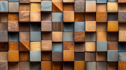 Geometric pattern of wooden blocks creates captivating cube illusion with varying shades and textures, forming visually intriguing 3D effect