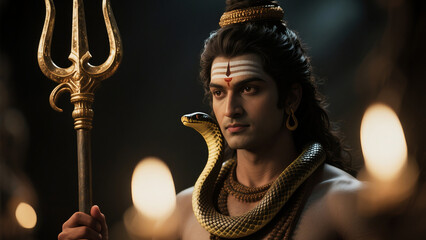 Powerful deity figure adorned with snake and holding trident in dramatic lighting