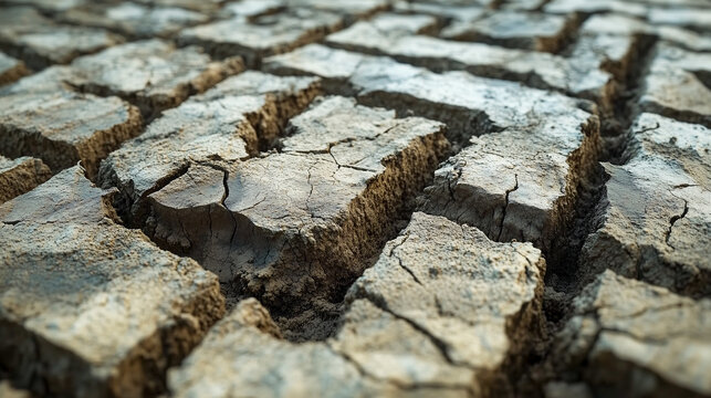 Cracked dry earth forming geometric patterns resembling digital QR code shapes, highlighting environmental impact and climate change. texture is rough and earthy