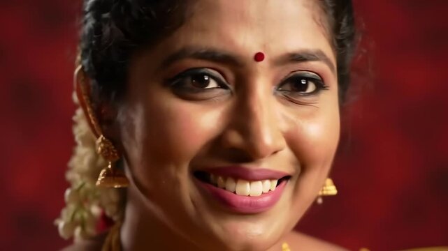 Closeup portrait of a joyful Indian woman wearing traditional saree and gold jhumkas