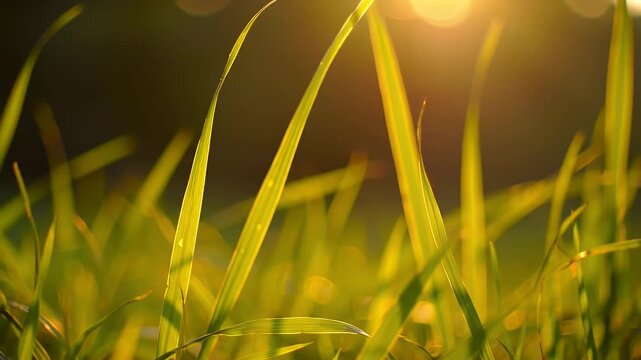 Vibrant green grass blades basking in the warm glow of golden hour sunlight creating a serene and peaceful natural background with soft bokeh
