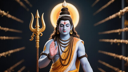Statue of a Blue Skinned Deity with Golden Trident in Traditional Attire Surrounded by Radiating Light