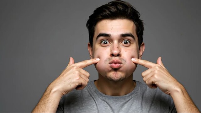 Young man with acne puffing his cheeks, making funny face. Problem skin, dermatology and skincare concept. Humor and self-acceptance. For cosmetic product or dermatology clinic banner