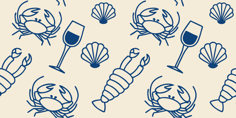 Vector illustration set with blue-outlined shrimp, crab, grapes, wine glasses, and cocktail icons arranged in a grid layout, evoking a refined beachside vibe and seafood celebration