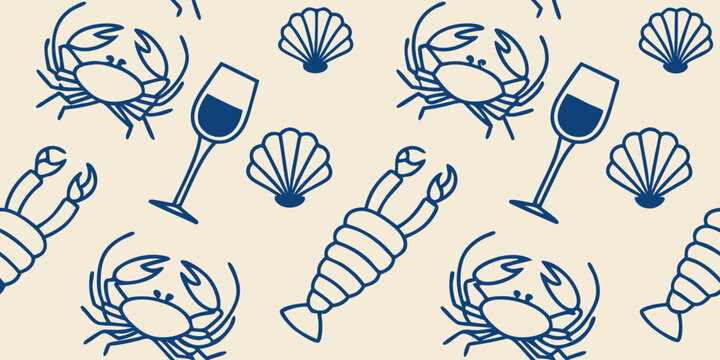 Vector illustration set with blue-outlined shrimp, crab, grapes, wine glasses, and cocktail icons arranged in a grid layout, evoking a refined beachside vibe and seafood celebration