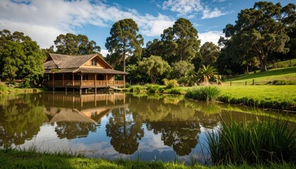 Wooden house by pond, sunny day