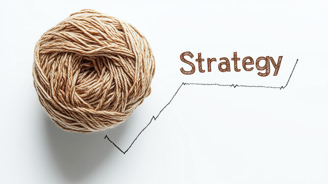 Ball of yarn labeled Strategy unrolls into clean graph line, symbolizing planning and organization. concept is visually represented with creative twist