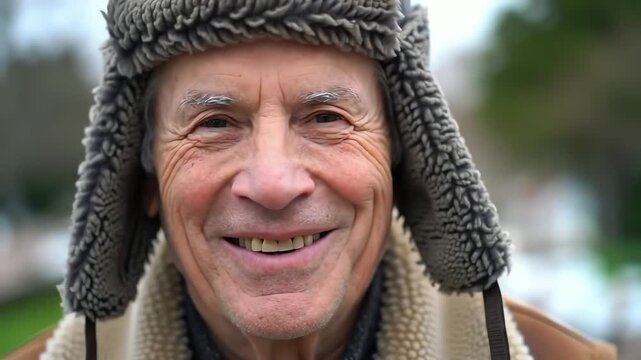 Close up portrait of a happy elderly man with a warm smile wearing a winter hat outdoors