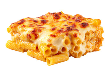 A serving of creamy baked pasta with melted cheese and golden brown topping on transparent background