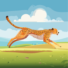 Graceful cheetah sprints across savanna landscape under bright sunny sky with fluffy clouds