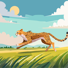 Obraz premium Graceful cheetah sprints across savanna under a bright sun and cloudy sky, showcasing speed and wild beauty.