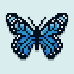 Captivating pixel art butterfly illustration, showcasing a beautiful blue and black color scheme. This charming design offers a delightful blend of retro aesthetic and digital precision