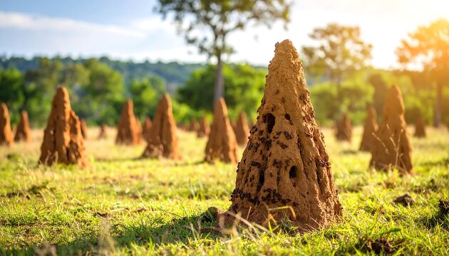 Ant hills in a grassy field