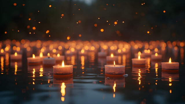 Floating candles on a lake at night. Ultra realistic star cluster effect. Serene lake reflections with glowing lights. Beautiful outdoor ambiance for events.
