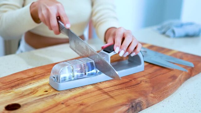 Sharpening Kitchen Knife with Manual Whetstone Tool
