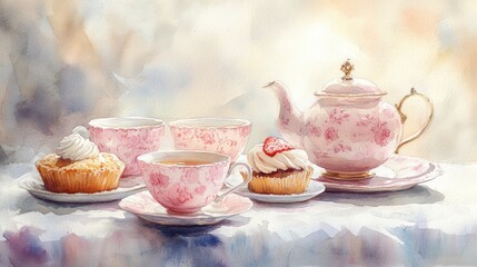 Watercolor illustration of British afternoon tea,tea break in the English style,tea set with Afternoon tea stand with macaroons and scone,cake,cup of tea,Tea time dessert table,vintage style.