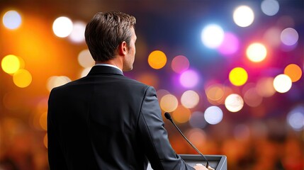 Podium Promise: A distinguished orator, commanding attention from behind the podium, delivers a speech bathed in the warm glow of stage lights, filled with anticipation.