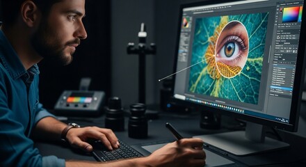 Graphic Designer Working on Eye Design, Computer Screen, Digital Art.