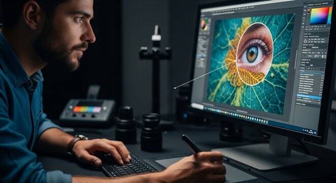 Graphic Designer Working on Eye Design, Computer Screen, Digital Art. - Powered by Adobe