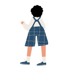 Illustration of a boy in blue checkered overalls seen from the back, with curly black hair and white shirt. Flat vector illustration.