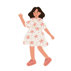 Illustration of a smiling girl in a white floral dress standing with one hand lifted, wearing pink shoes. Flat vector illustration.