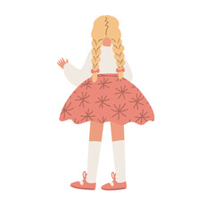 Illustration of a girl with long blonde braids in pink skirt standing with back view, wearing white top and shoes. Flat vector illustration.