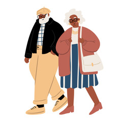Illustration of an elderly black couple walking together in casual outfits, man in dark jacket and woman in striped skirt and coat. Flat vector illustration.