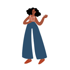 Illustration of a young black woman in blue wide-leg jumpsuit raising one arm. Flat vector illustration.