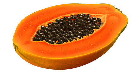 Photo of a halved ripe papaya showing its vibrant orange flesh and seeds isolated on transparent background