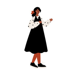 Illustration of a young black woman with bow hairstyle wearing long black dress, standing in profile. Flat vector illustration.